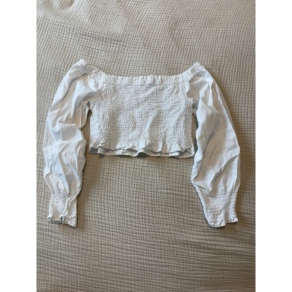 Zara White Smocked Puff Sleeve Ruffle Hem Crop Top Women Medium Coquette Cottage